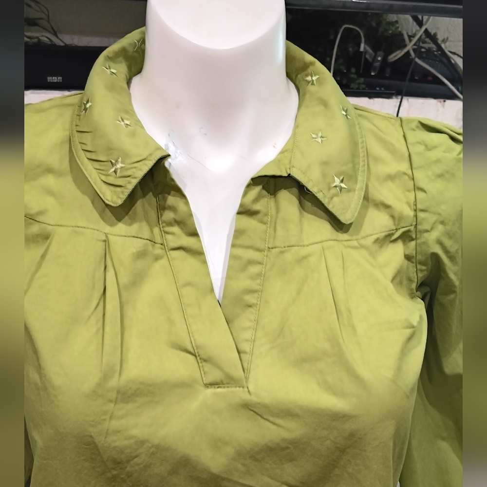 Day + Moon Mini Dress Sz M Olive Green Star Embroidered Collared Ruffle Cotton - Picture 8 of 12